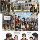Eine mittelalterliche Szene mit Menschen vor Gebäuden, sie unterhalten sich. Bekleidet in historischen Gewändern des 16. Jahrhunderts.
