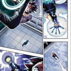 Eine Aktionsequenz zeigt eine Person mit leuchtender Hand und wütendem Gesichtsausdruck, die durch die Luft fliegt.