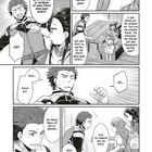 Manga mit fünf Panels: Ein Mann diskutiert mit einer Frau und zwei Kindern. Dialog über Pflichten und Begleitung des Kindes.