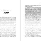 "KAPITEL 1 ALMA" gefolgt von Text über Almas Arbeit in einer Klinik, ihre Gedanken und ein Gespräch mit Mira. Seitenzahlen 4 und 5.