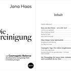Links Titel: "Die Vereinigung". Oben: "Jana Haas". Unten: "mit Cosmogenetic Balance die körperliche und geistige Welt in Einklang bringen". Rechts Inhaltsverzeichnis mit Kapiteltiteln und Seitenzahlen.