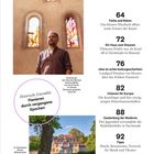 "Farbe und Reben 64", "Ein Haus zum Staunen 72", "Das ist echte Kulturgeschichte 76", "Visionen für Europa 82", "Zauberberg der Moderne 88". Ein Mann steht vor bunten Kirchenfenstern, unten ein Herrenhaus im Grünen, betextet mit "Historische Ensembles".