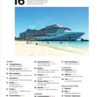 Inhaltverzeichnis mit Themen wie "Travel Industry," "Global Business," und "Finance." Großes Kreuzfahrtschiff am Strand.