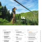 "14 Alles gratis! Das Leben ist teuer... inspirieren!" Eine Frau mit Rucksack fotografiert eine Hängebrücke über einem Wald.