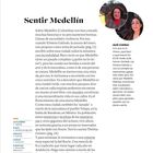 "Sentir Medellín" - Editorialtext über Medellín aus Kolumbien, beschreibt den Wandel durch Kunst und Natur. Enthält Worterklärungen wie "incredulidad" und "murales." Rechts zwei Frauen in einem Tonstudio.