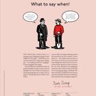 Ein Dialog zwischen zwei Figuren: „Dies ist mein Gartenoutfit. Was meinst du?“ und „Wie willst du mit einem Regenschirm Kartoffeln ausgraben?“