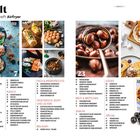 Titel: "Inhalt MIXX Sonderheft Airfryer". Verschiedene Essensbilder: Blaubeer-Haferflocken-Muffins, Maronen, S'mores.