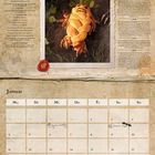 Titel: Alraunen-Hefezopf. Zutaten: Weizenmehl, Trockenhefe, Salz, Wasser, etc. Bild zeigt einen geflochtenen Brotlaib. Januar-Kalender.