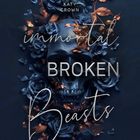 „Katy Crown, immortal Broken Beasts, Black Edition“. Eine Illustration mit blauen Rosen und einem Schädel.