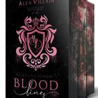 Text: „Daphne Bühner, Alea Villain, Du bist all das, was ich hasse, firefly. Maledictus Academy I, Bloodlines, Black Edition.“ Ein pinkes Logo mit Krone und Initialen auf schwarzem Hintergrund. Buchrücken zeigt ein düsteres Gebäude.