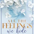 „ALL THE FEELINGS we hide“, „LAURIE JIXON“, „HEARTS OF PARIS 4“. Weiße Blüten auf blauem Aquarellhintergrund.