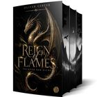 Text: "Oliver Carter. Reign of Flames. Tochter der Asche." Ein goldener Drache. Düstere, kontrastreiche Covergestaltung.