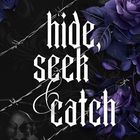 "hide, seek & catch" in gotischer Schrift, umgeben von lila Rosen und Totenschädeln; "Eva Abyss, Cory Banner" unten.