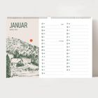 Januar, Hefter Alm. Kalender mit Landschaftsillustration und Datumsliste für den Monat Januar.