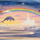 Das Bild zeigt fliegende Fabelwesen, ein Schloss, Regenbogen und Wolken in fantasievoller Landschaft.