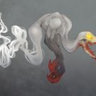 Eine Illustration zeigt ein fantasievolles Wesen mit rauchartigen Formen, einem skelettartigen Kopf und roten, blutigen Klauen.