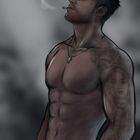 Illustration eines muskulösen Mannes mit Zigarette, Kreuzkette und detaillierten Tattoos. Hintergrund verschwommen und grau.