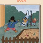 „ZULA“ oben, Illustration von Kindern, die im Regen im Garten spielen: ein Mädchen springt, ein Kind rutscht, eines winkt.
