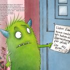 Ein grünes Monster hält einen Zettel: "Lieber Eddie, komm runter! Wir haben eine Überraschung für dich! Len Mil Brom."