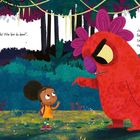„Oh. Hallihallo! Wer bist du denn?“, fragte Ella. „Ich bin ein Taskitor. Ein furchtbares Monster. Hast du das nicht gehört?“ Illustrationsstil, ein rotes Monster und ein Mädchen im Wald.
