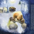 Ein Bär und Jungtiere trinken an einem Bach in einer winterlichen Landschaft. Im Hintergrund sind Hütten und ein Wald.