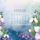 Kalenderblatt mit "JANUAR", Wochentagen und Daten. Aquarellillustration mit Schneeglöckchen und blauen Blumen.