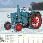 LANZ BULLDOG D 1706, Baujahr: 1953, in einer schneebedeckten Landschaft, Kalenderblatt Januar 2027.