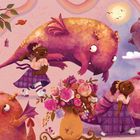 "So sang, sprang und schrie sie, wenn sie singen, springen und schreien musste. Und das war oft!" zeigt Kinder und bunte Wesen.