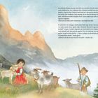 Text: Am nächsten Morgen springt Heidi früh aus dem Bett... Illustration zeigt Kinder mit Ziegen in Alpenlandschaft.