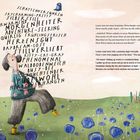 Texte: „SCHATTENVERSUNKEN, SKYCHARMING-PRETTY, SILBERSTILL...“  
Illustration: Zwei Figuren auf grüner Wiese mit blauen Blumen.
