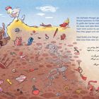 Am nächsten Morgen geht Huhn allein am Strand spazieren. Hase findet eine Menge spannender Dinge. Aber eine Kiste Alles ist nicht dabei.

Illustration von einem Strand mit Huhn und Hase, vielen verstreuten Gegenständen und einem Knochenskelett im Sand.