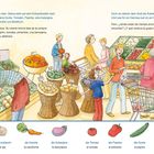 Text beschreibt Einkaufsliste für Gemüse: Kopfsalat, Gurke, Tomaten, Paprika, Aubergine, Zwiebeln. Illustration von Einkaufsszene.