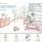 Text: "Was machst du da?", fragt Marie ihre Mama. Ein Wohnzimmer mit einer Mutter und Kind auf dem Sofa und einem Mann mit Zeitung.