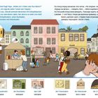 Texte: U-Bahn, Friseur, Café, Bücher. Szene: Eine belebte Straße mit Geschäften und Menschen. Kinder spielen, Erwachsene shoppen.