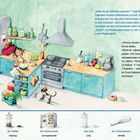 Oben rechts: Dialog zwischen Mama und Luna über das Rührei. Unten Objekte mit Bezeichnungen in Deutsch und Ukrainisch.