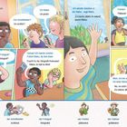 Mehrere Sprechblasen auf Deutsch und Rumänisch diskutieren Berufe. Darunter Illustrationen dieser Berufe.