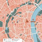 Stadtkarte mit Markierungen: Wohnort, Lieblingsbar, Zimtschnecken, Secondhandladen, WG, Spazierroute, Brücke.