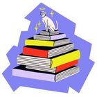 Ein Hund mit Heiligenschein sitzt auf einem Stapel bunter Bücher. Hintergrund in hellem Blau, funkelnde Sterne daneben.