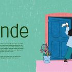 "Ende". "Tschüss!". Eine Person verlässt durch eine blaue Tür einen Raum. Daneben ein Eimer mit Pflanzen.