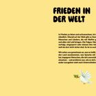 "Frieden in der Welt" in großer Schrift, Text über Konflikte und Frieden, Illustration einer Taube mit Olivenzweig.