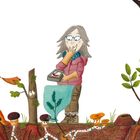 Eine Illustration zeigt eine Person mit einem Smartphone und Myzel, das Bäume unterirdisch verbindet.