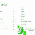 Text: Inhalt, diverse Gemüse mit Seitenzahlen, darunter Radieschen (8), Bohne (106). Grüne Illustration von Bohnen und Blättern.