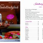 Texte: "Mein Dinkelbrotglück", "50 Genussrezepte mit Dinkel", "Inhaltsverzeichnis". Frau in Schürze hält Brotkorb.
