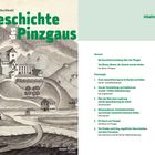 Titel: "Geschichte des Pinzgaus". Inhaltsverzeichnis mit Kapiteln wie "Erste menschliche Spuren" und "Ein Hauch von Pompeji". Links eine Illustration von Hügeln, Gebäuden und Bäumen.