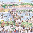 „Festspiele“ steht auf einem Banner hinter einem Flugzeug. Illustration einer belebten Flusslandschaft mit vielen Figuren.