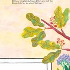 Der Text beschreibt, wie ein Flötenton in Blättern einfängt. Illustration zeigt bunte Blätter, Zweige und Blumen vor gelbem Hintergrund.