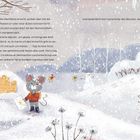 Text über Schnee bedeckt, Mausmädchen mit Brief, Schneemann, verschneite Landschaft, Bäume und Sträucher, winterliche Szene.