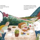 Texte: Perfekter Nachmittag, Tee mit Freund, Schildkröte Berg, möchte klettern. Illustration eines Picknicks mit Tierfreunden.