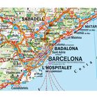 Landkarte mit Städtenamen wie Barcelona, Badalona, L’Hospitalet, und Sabadell, Straßen und Küstenlinie.