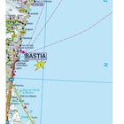 Karte von Bastia an der Küste, zeigt Straßen, Orte wie "Lavasina" und "Pietranera", sowie Sehenswürdigkeiten und den Hafen.